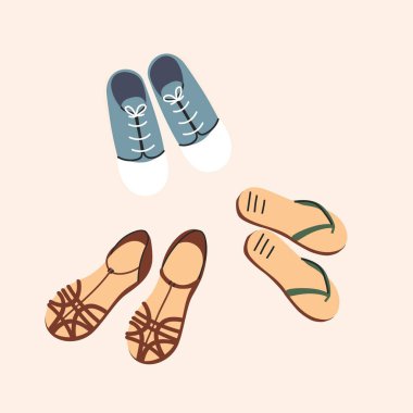 Plaj tahtaları plaj terlikleri. Yaz plajı ayakkabıları. Hafif ayakkabılar. Vektör illüstrasyonu arkaplanda izole edildi