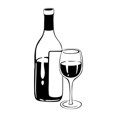El yapımı şarap seti. Kalın çizgi vektör çizim çizim biçimi beyaz arkaplanda izole edildi. Bir şişe şarap ve bir kadeh şarap..