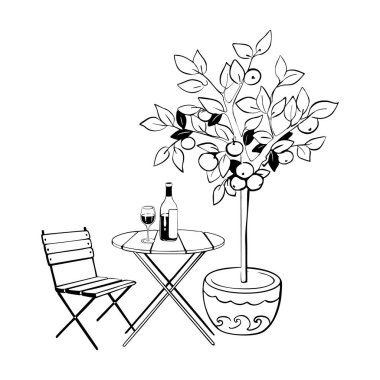 Summer Caddesi Kafe, restoran sahnesi. Bahçe, açık hava, bahçe mobilyaları, rattan sandalyeli masa, saksı limon ağacı. Kahve dükkanı. Koltuk vektörü illüstrasyonlu kafe terası.