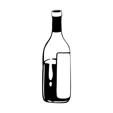 El yapımı şarap. Kalın çizgi vektör çizim çizim biçimi beyaz arkaplanda izole edildi. Bir şişe şarap ve bir kadeh şarap..