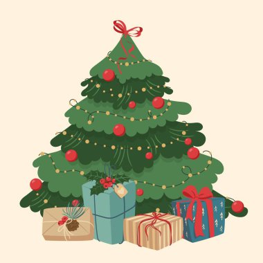 Hediye kutuları, ışıklar, dekorasyon kurdeleleri ve lambalarla süslenmiş Noel Ağacı. Mutlu Noeller ve mutlu yıllar. Kaprisli Tatil Vektörü illüstrasyonu.