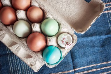 Karton bir kutuya boyanmış tavuk yumurtaları ve kumaş havlunun üzerinde çiçek açan bir dalla kırılmış yumurta. 