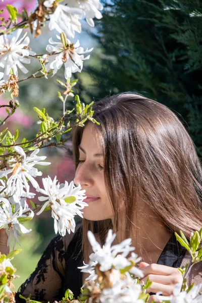 Joyful Woman Unites Nature Breathing Scent White Flowers Brunette Lady — Stock Photo, Image