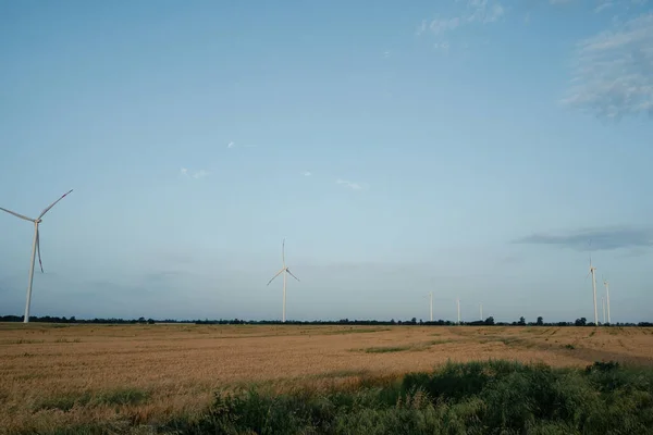 風車のある小麦畑はきれいなエネルギーを生み出します エコフレンドリーな風力発電機は田舎で代替エネルギーと再生可能エネルギーを生み出す — ストック写真