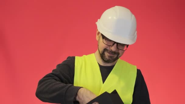 Worker Uniform Takes Present Box Red Ribbon Out Bag Showing — Stock videók