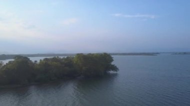 Udawalawe Ulusal Parkı 'nda mavi gölle çevrili yemyeşil yemyeşil bir ada. Sabah, Sri Lanka hava manzarasının doğal korumasında