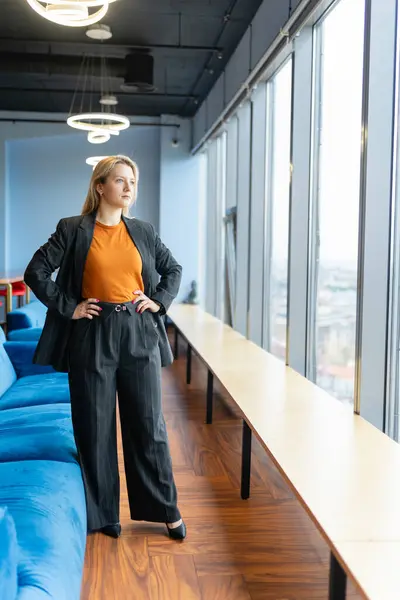 Young Entrepreneur Black Office Suit Blonde Executive Manager Looks Thoughtfully Royalty Free Stock Photos