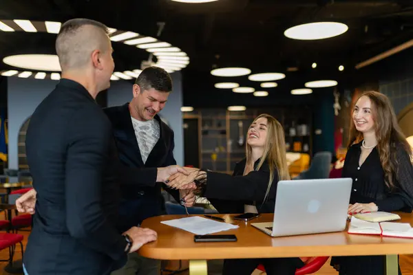 Business Partners Shake Hands Making Successful Deal Meeting Commercial Firm Royalty Free Stock Images