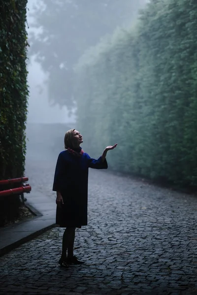 Mujer Con Abrigo Azul Antiguo Jardín Público Una Espesa Niebla —  Fotos de Stock
