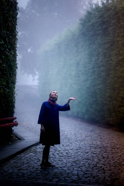 一个女人在古老公园的小巷里 在神秘的雾中 — 图库照片