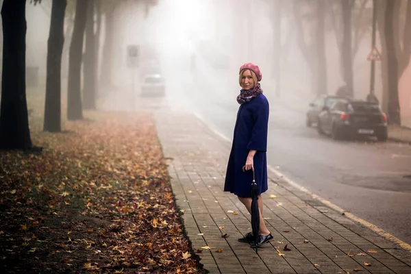 Uma Mulher Calçada Com Guarda Chuva Nublado Tempo Nebuloso — Fotografia de Stock