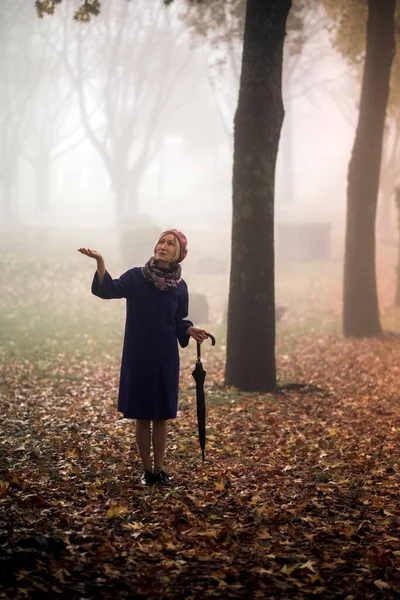 Eine Frau Steht Mit Einem Regenschirm Park — Stockfoto