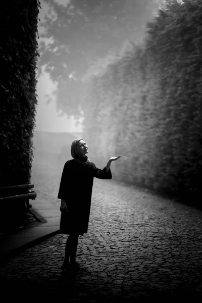 Жінка Пальто Старовинному Громадському Саду Густому Тумані Чорно Біле Фото — стокове фото