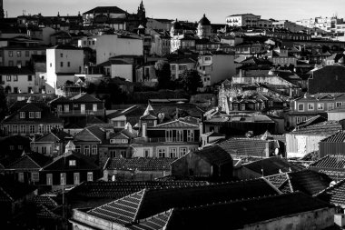 View of the rooftops of old city, Porto, Portugal. Black and white photo.