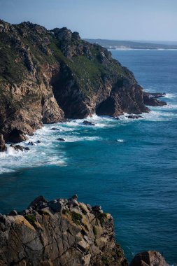 A view of the cliffs on the coast of the ocean in Portugal. 