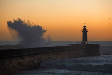 Porto, Portekiz 'de güzel bir günbatımında Cabeca de Molhe Deniz Feneri manzarası.