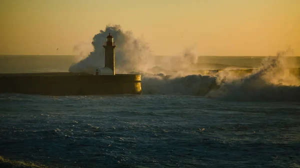 Large Waves Foz Lighthouse Porto Portugal — Stock Photo, Image