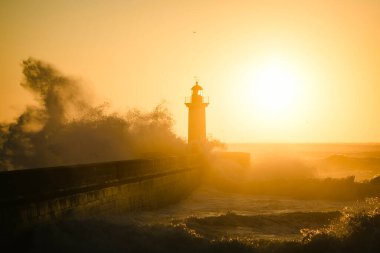 Altın bir günbatımında Felgueiras Deniz Feneri manzarası, Porto, Portekiz