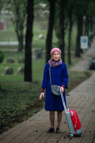 Μια Γυναίκα Στέκεται Μια Βαλίτσα Στο Δρόμο Συννεφιασμένο Καιρό — Φωτογραφία Αρχείου