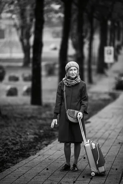 Μια Γυναίκα Βαλίτσα Περπατάει Στο Δρόμο Ασπρόμαυρη Φωτογραφία — Φωτογραφία Αρχείου
