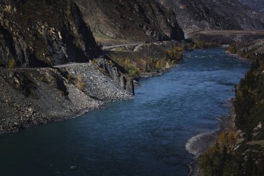 A view of the Katun River flowing coldly among the stones in the Altai Mountains, with a stark, rugged atmosphere. clipart