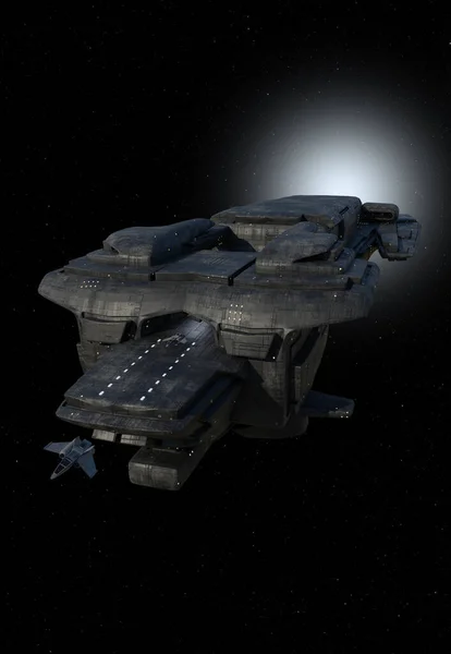 Deep Space Starship Deploying Fighters Digitaal Weergegeven Science Fiction Illustratie — Stockfoto