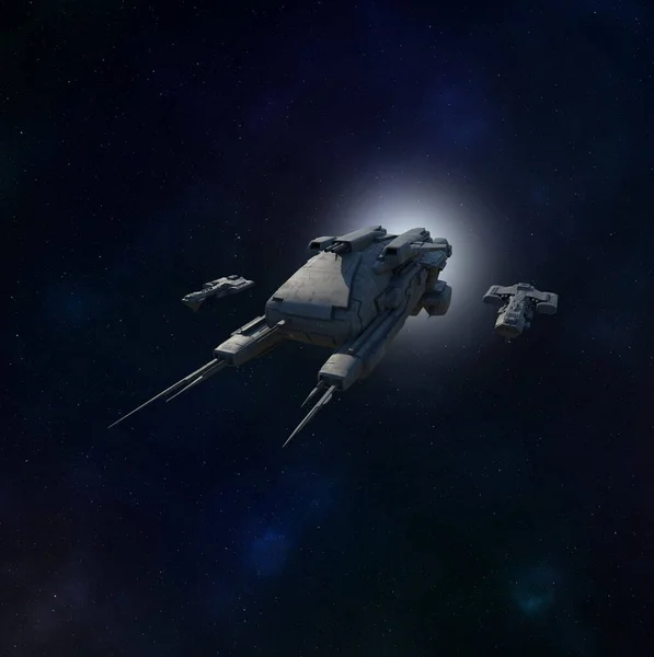 護衛艦 3DデジタルレンダリングSfイラストを持つ深宇宙輸送宇宙船 — ストック写真