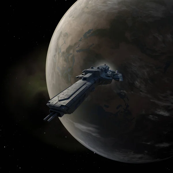 Gwiezdny Statek Transportowy Opuszczający Planetarną Orbitę Cyfrowo Renderowana Ilustracja Science — Zdjęcie stockowe