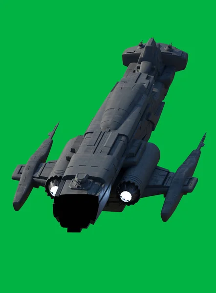 緑の画面の背景に光攻撃宇宙船 リアビュー 3DデジタルレンダリングSfイラスト ストック画像
