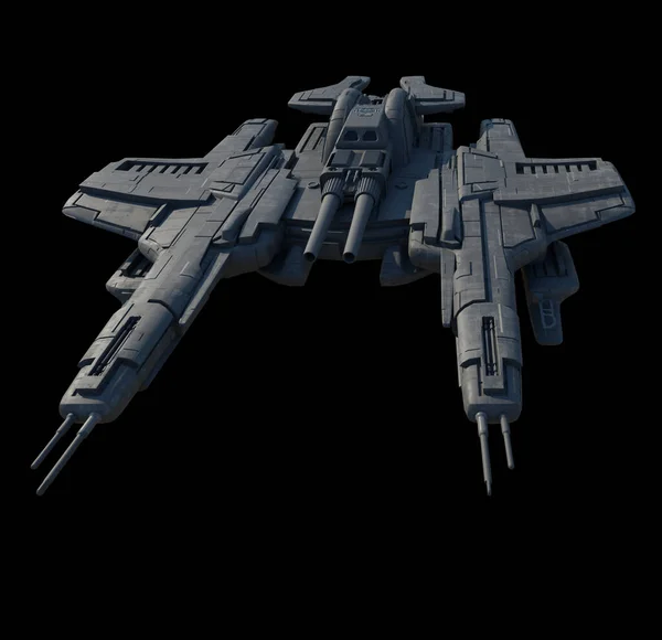 ブラックを背景にした軽宇宙船 ガンシップ Front View 3DデジタルレンダリングSfイラスト ロイヤリティフリーのストック画像