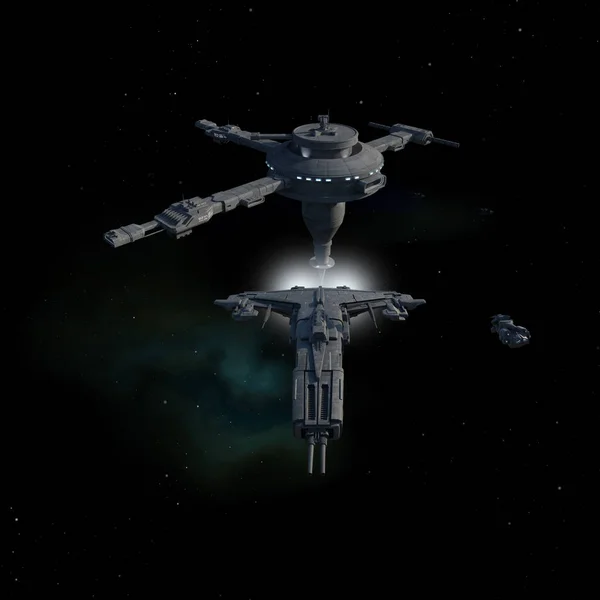 离开深空空间站的快速攻击空间船 3D数字演示 — 图库照片