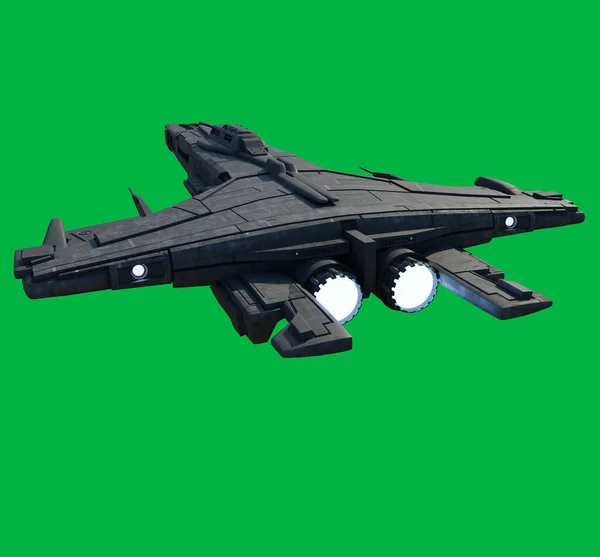 緑の画面の背景に高速攻撃宇宙船 リアビュー 3DデジタルレンダリングSfイラスト ストック画像