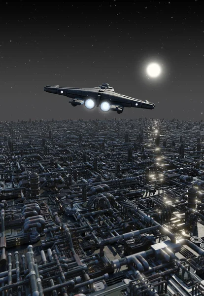Fast Attack Space Ship Flying Above an Industrial Cityscape at Night, 3d digitally rendered illustration