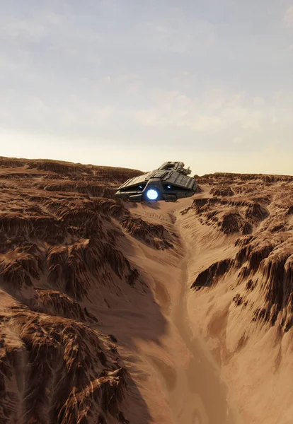 在外星世界中飞越沙漠峡谷的中空飞船 3D数字演示 — 图库照片