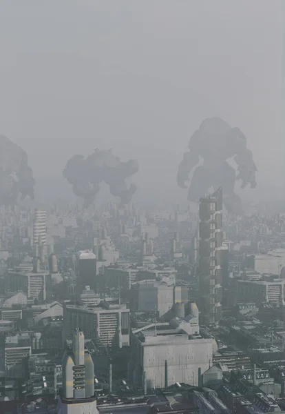 Future City War Machines Mist Digitally Rendered Illustration — Stock Photo, Image