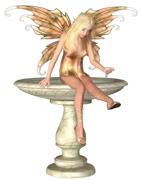 美丽的金发夏季仙女坐在鸟浴上 3D数码渲染的幻想图解 — 图库照片