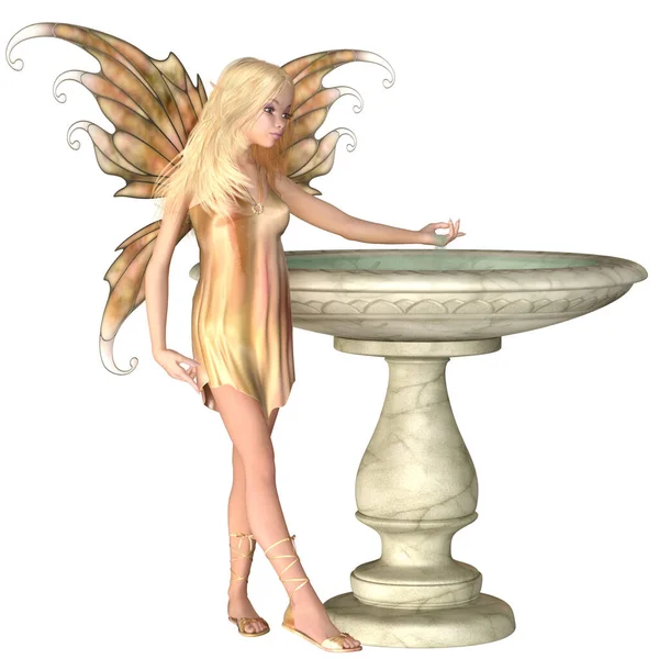 Pretty Blonde Summer Fairy Standing Bird Bath Digitally Rendered Fantasy — Stock Photo, Image