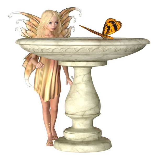 Pretty Blonde Summer Fairy Stojąc Przy Kąpieli Ptaków Orange Butterfly — Zdjęcie stockowe