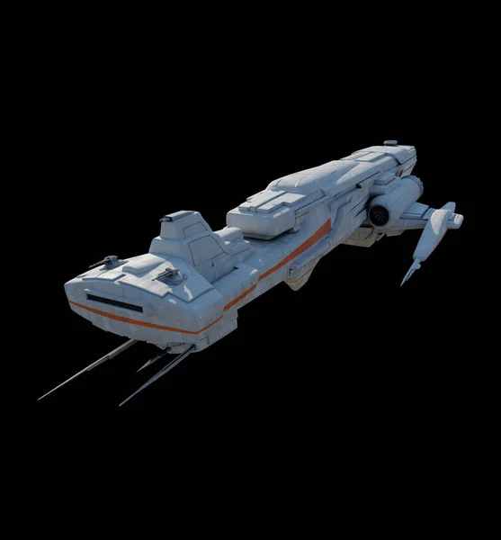 ブラックバックグラウンドの白とオレンジ色のスキーム付き軽量攻撃スペース船 フロントビュー 3Dデジタルレンダリングサイエンスフィクションイラスト ストック画像