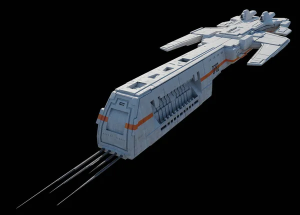 ブラックバックグラウンドに白とオレンジ色のスキームを持つ宇宙船 フロントビュー 3Dデジタルレンダリングサイエンスフィクションイラスト ストックフォト