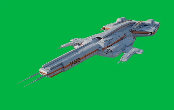 緑色の背景に白とオレンジ色のスキームを備えた中型パトロール宇宙船 フロントビュー 3Dデジタルレンダリングサイエンスフィクションイラスト ロイヤリティフリーのストック画像