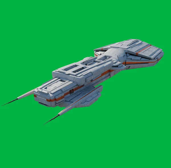 stock image Medium Space Ship with White and Orange Colour Scheme on a Green Screen Background - Front View, 3d digitally rendered science fiction illustration