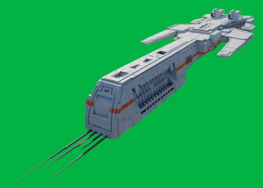 Yeşil Ekran Arkaplanında Beyaz ve Turuncu Renk Şemasına sahip Uzay Gemisi - Ön Görünüm, 3d dijital olarak hazırlanmış bilim kurgu illüstrasyonu