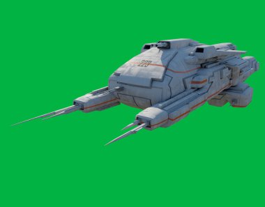Yeşil Ekran Arkaplanında Beyaz ve Turuncu Renkli Derin Uzay Taşımacılık Yıldız Gemisi - Ön Görünüm, 3D dijital olarak hazırlanmış bilim kurgu illüstrasyonu