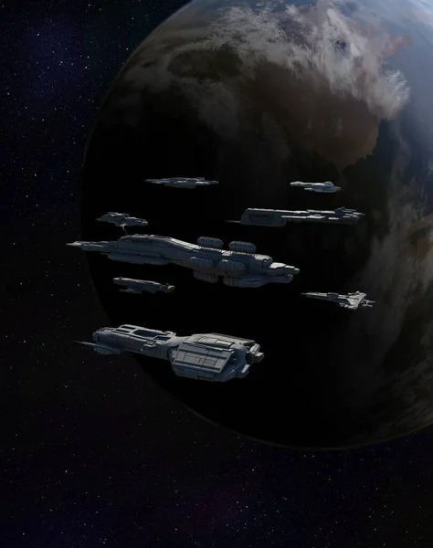 Deep Space Battle Fleet Assembly Ovanför Utomjordisk Planet Digitalt Renderade Stockfoto