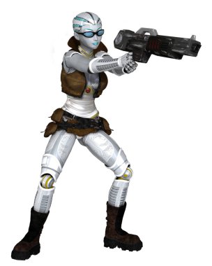 Dev Silah Çeken Kadın Sayborg Maceracı, dijital olarak bilim kurgu illüstrasyonunu oluşturdu