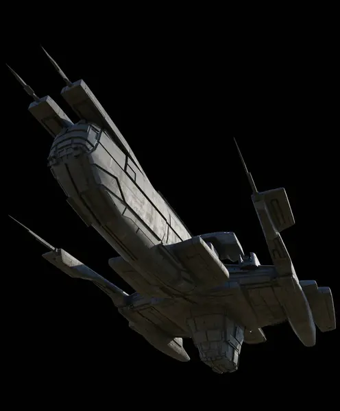 ブラックバックグラウンド上の宇宙船コマンド船 以下からビュー 3DデジタルレンダリングされたSfイラスト ストック画像