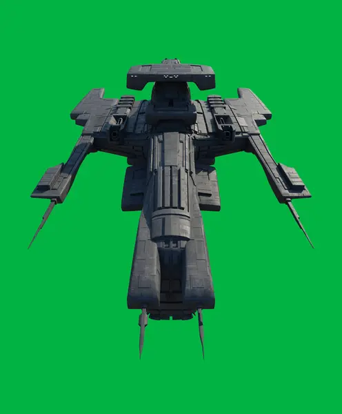 グリーンスクリーンの背景にある宇宙船コマンド船 トップビュー 3Dデジタルレンダリングサイエンスフィクションイラスト ロイヤリティフリーのストック画像