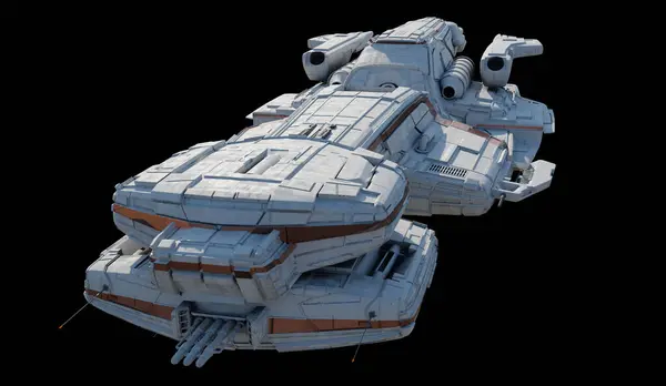 大型战斗巡洋舰与白色和橙色方案隔离在黑色背景下的宇宙飞船 顶部视图 3D数字渲染的科幻小说插图 图库图片