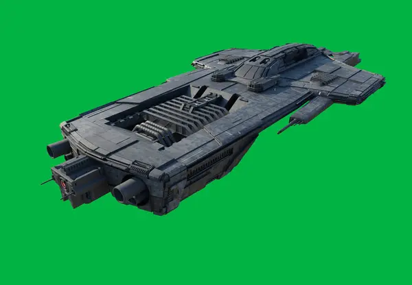 绿色屏幕背景下孤立的大型飞船武装舰 顶部视图 3D数字渲染的科幻小说插图 图库照片